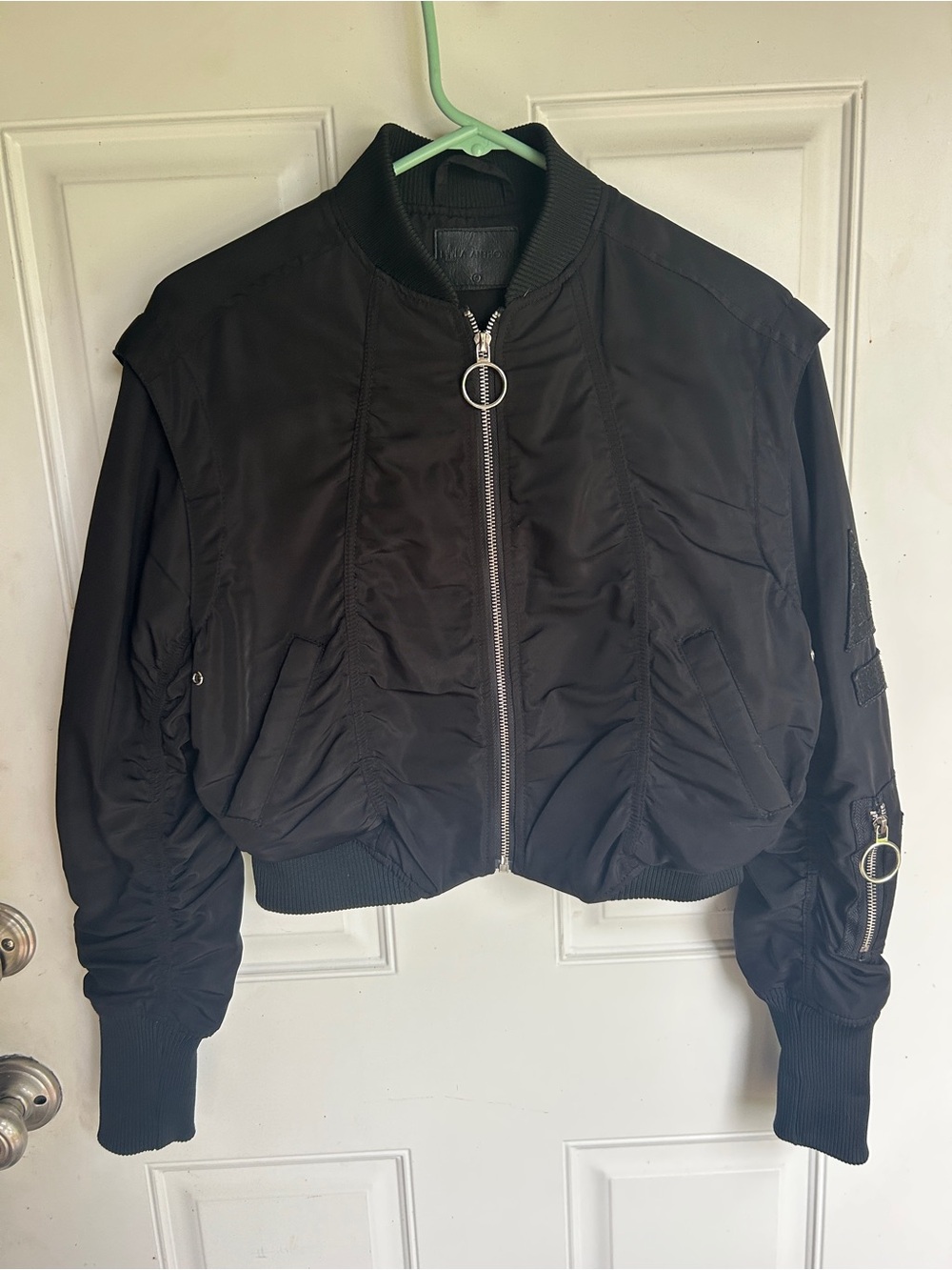 Nila Anthony Black Cropped Bomber Jacket with Ring Zips